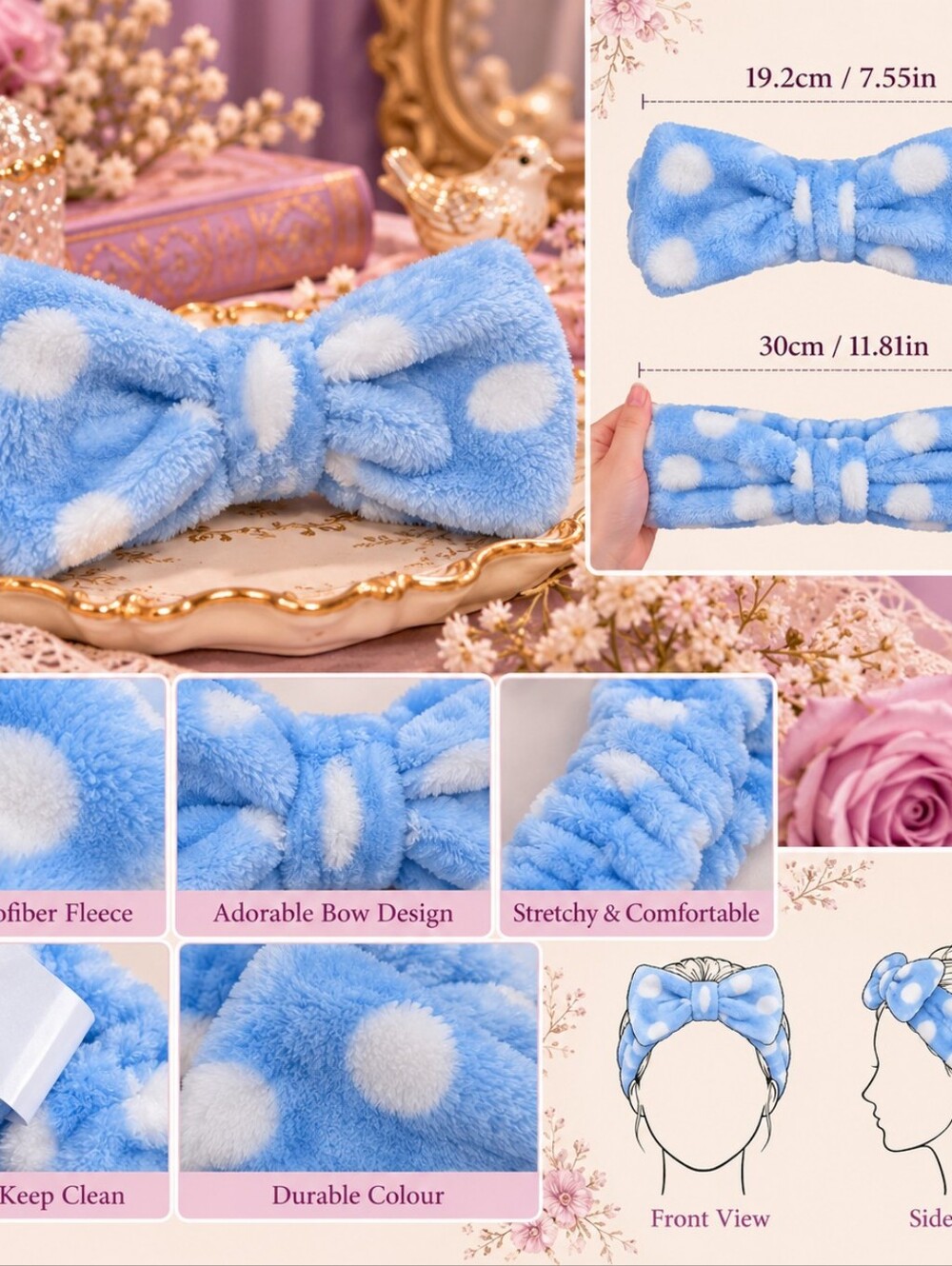 Blue & White Polka Dot Plush Bow Spa Headband | Soft Stretch Hairband